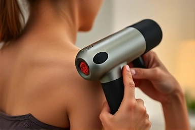 Person relaxing with a massage gun for muscle relief